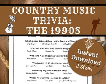 Country Music Trivia 90s Party Games, Retro Nashville quiz printable, Western Singer challenge, Honky Honk Host Activity, Fun Themed