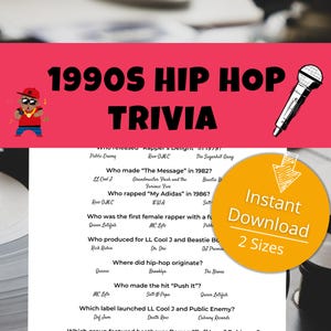90s Rap Trivia Games, Printable Pop Culture Trivia Game, Party Games, Hip Hop Trivia Quiz, Pop Culture Party Game, Hip Hop Game, Trivia Fun