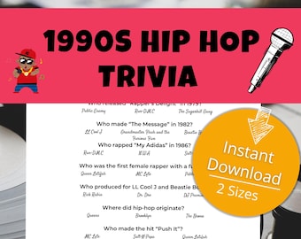 90s Rap Trivia Games, Printable Pop Culture Trivia Game, Party Games, Hip Hop Trivia Quiz, Pop Culture Party Game, Hip Hop Game, Trivia Fun