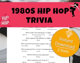 80s Rap Trivia Games, Printable Pop Culture Trivia Game, Party Games, Hip Hop Trivia Quiz, Pop Culture Party Game, Hip Hop Game, Trivia Fun