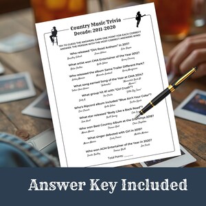 May include: A black and white trivia game sheet titled "Country Music Trivia Decade: 2011-2020" with a gold and black pen resting on it. The sheet includes questions about country music artists and songs. The text "Answer Key Included" is at the bottom.
