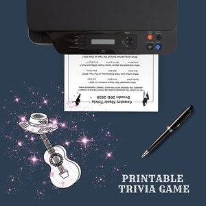 May include: A printer printing a Country Music Trivia game sheet. The sheet includes trivia questions about country music from 2011-2020. A black pen and a decorative guitar and hat are also in the image. The background is dark blue with pink sparkles.