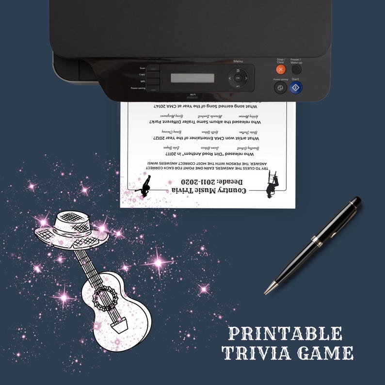 May include: A printer printing a Country Music Trivia game sheet. The sheet includes trivia questions about country music from 2011-2020. A black pen and a decorative guitar and hat are also in the image. The background is dark blue with pink sparkles.