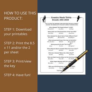 May include: A printable Country Music Trivia game for the decade 2011-2020. The game includes questions about country music artists, songs, and albums. A gold and black pen rests on the trivia sheet. Instructions on how to use the product are on the left.