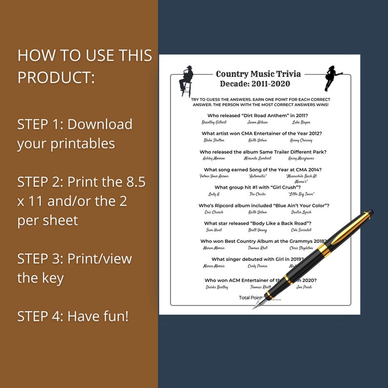 May include: A printable Country Music Trivia game for the decade 2011-2020. The game includes questions about country music artists, songs, and albums. A gold and black pen rests on the trivia sheet. Instructions on how to use the product are on the left.