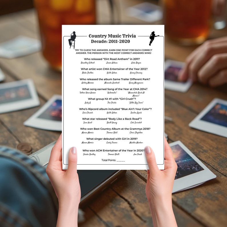 May include: A white sheet of paper with country music trivia questions from 2011-2020 is held by a person. The trivia sheet includes questions about artists, songs, and albums. The background includes a wooden table and photos.