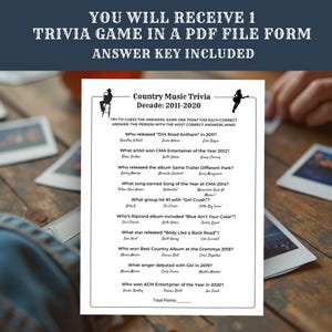 May include: A trivia game in PDF form with an answer key. The game focuses on Country Music Trivia from 2011-2020. The game includes questions about artists, songs, and albums. The text on the game is in a black font.
