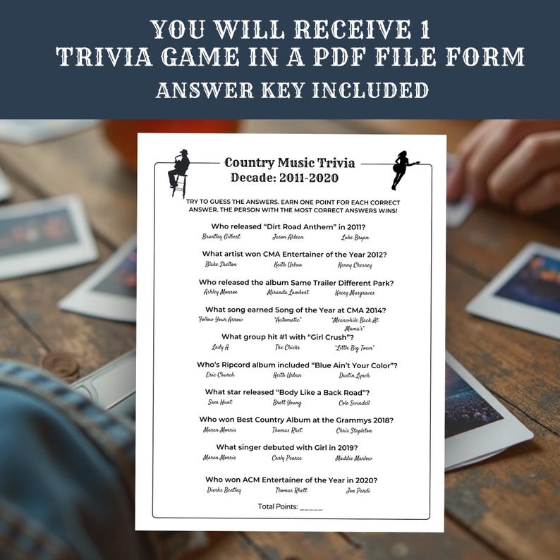 May include: A trivia game in PDF form with an answer key. The game focuses on Country Music Trivia from 2011-2020. The game includes questions about artists, songs, and albums. The text on the game is in a black font.