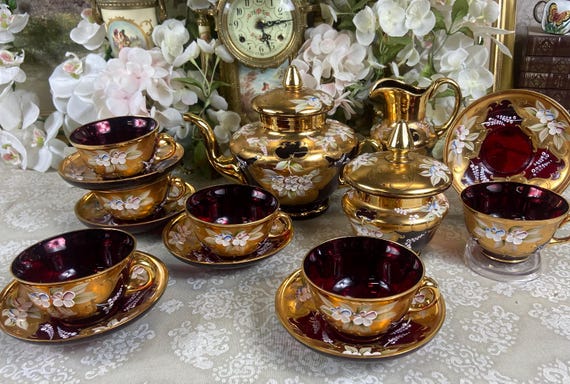 Vintage Murano Venezia Cranberry Glass Tea Set - Etsy