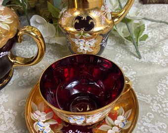 Vintage Murano Venezia Cranberry Glass Tea Set - Etsy