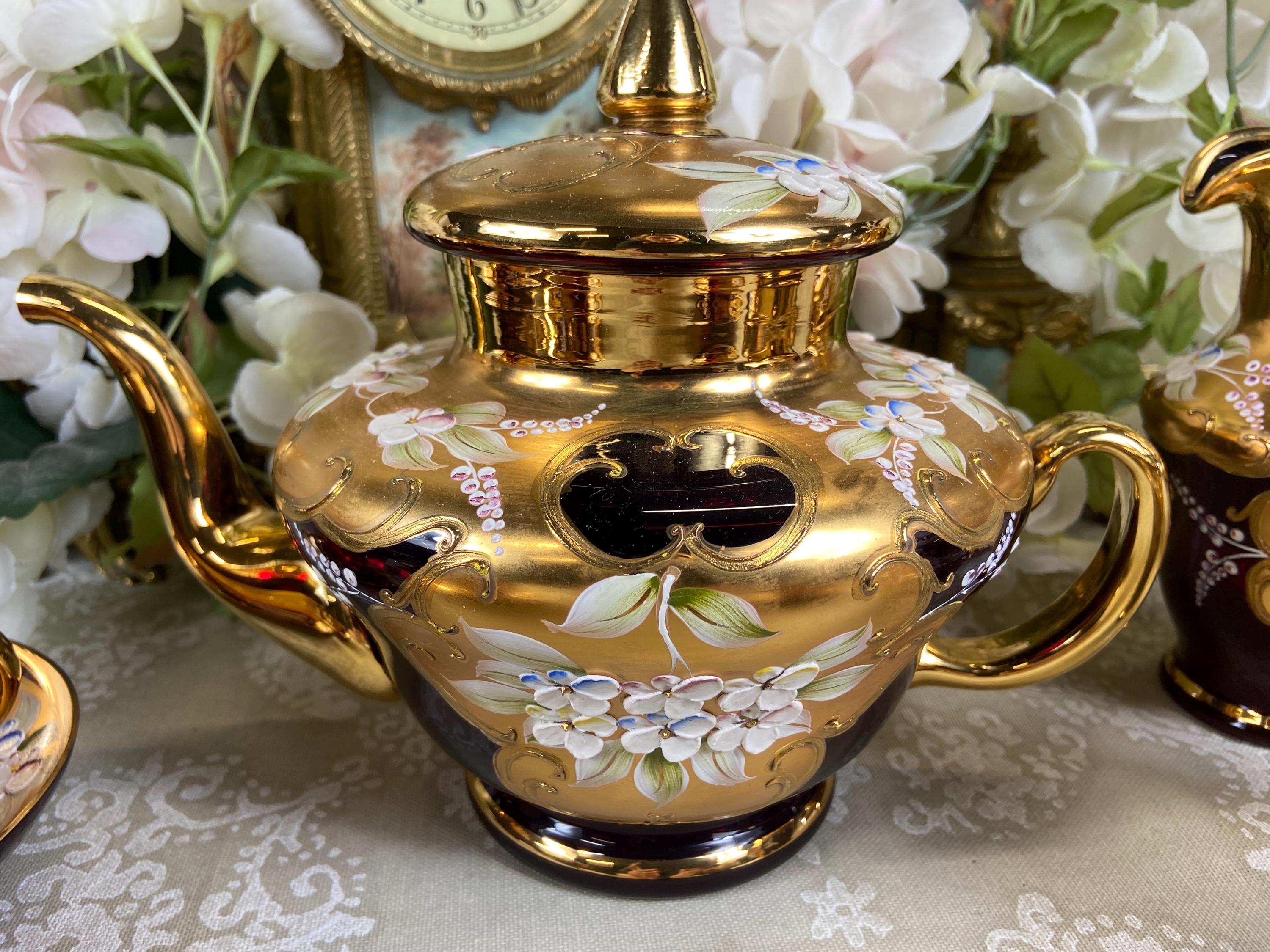 Vintage Murano Venezia Cranberry Glass Tea Set - Etsy