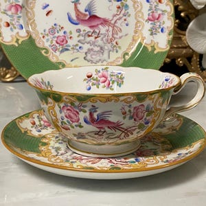 May include: A porcelain teacup and saucer set featuring a vibrant bird and floral pattern. The cup and saucer have a white base with pink, blue, and green details, and gold trim. A matching plate is visible in the background.