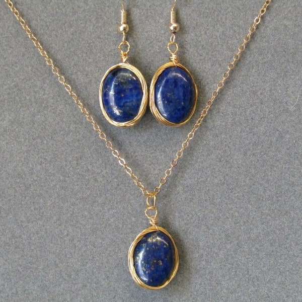 Lapis Lazuli Wrapped Wire Ovals Necklace & Earring Set