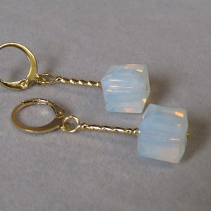 Opalite Moonstone Cube with 18k fancy cut twisted bar lever back huggie hoop earrings