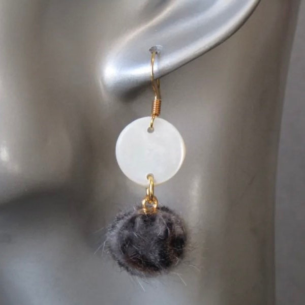 Grey Leopard Print Fuzzy Fabric and Shell Gold Plated Handmade Earrings