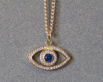 Evil Eye Sapphire and Clear Cubic Zirconia Gold Plated Pendant & Necklace