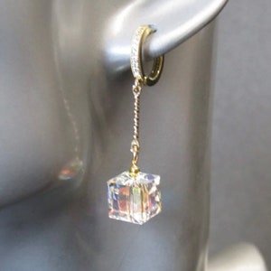 Swarovski AB Cube with 18k fancy cut twisted bar and Cubic Zirconia lever back huggie hoop earrings