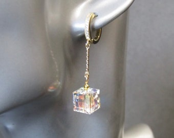 Swarovski AB Cube with 18k fancy cut twisted bar and Cubic Zirconia lever back huggie hoop earrings