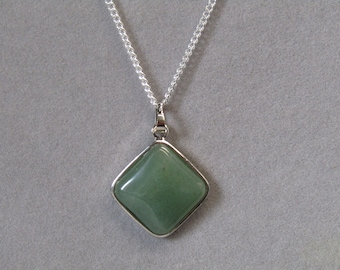 Green Aventurine Rhombus Silver Pendant Necklace