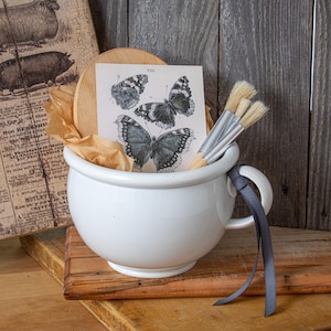 May include: A white ceramic chamber pot with a black ribbon tied to the handle. The pot is filled with brown paper and paintbrushes. A vintage print with black and white butterfly illustrations is tucked into the pot.