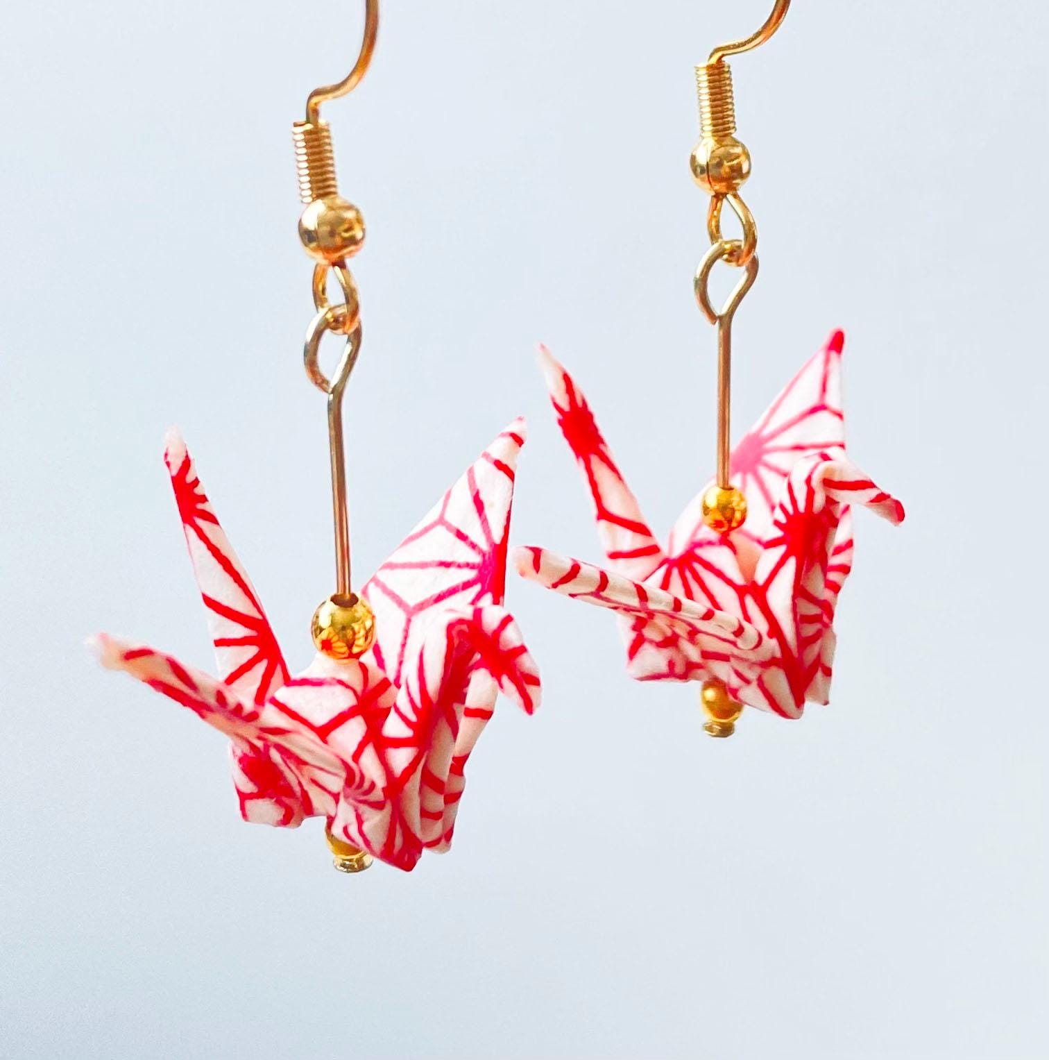 Origami Crane Earrings (red Seigaisha), Japanese Yuzen Washi Paper