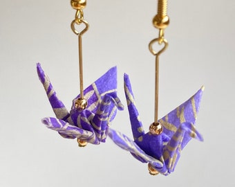 Boucles d'oreilles grue en origami (violet clair), Papier japonais de haute qualité, Résistant à l'eau, Or 18 carats, Bijoux en papier, Cadeau fait main, Cadeaux pour elle