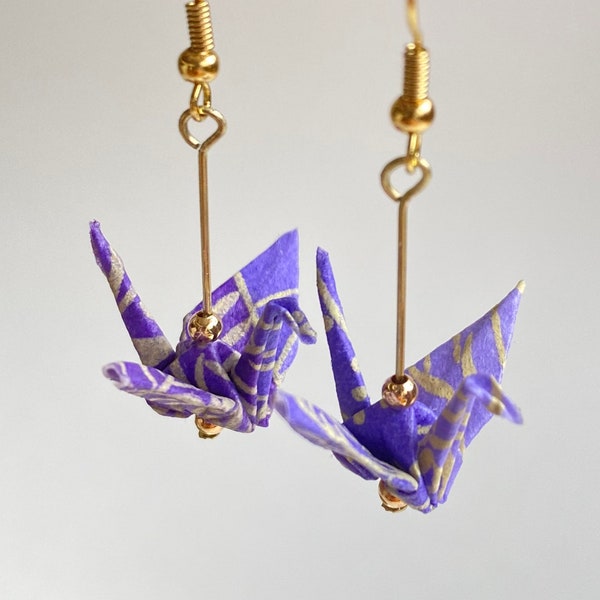 Origami Crane Earrings (Light purple), High quality Japanese paper, Water resistant, 18K Gold, Paper jewelry, Handmade gift, Gifts for her