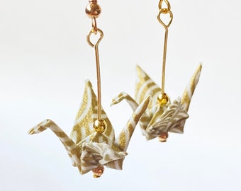 Origami Crane Earrings (Gold W.S.), High quality Japanese paper, Water resistant, 18K Gold, Paper jewelry, Handmade gift, Gifts for her