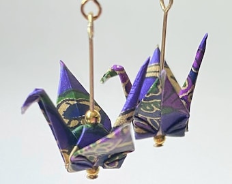 Origami Crane Earrings (Dark Purple), Athentic Japanese Paper, 18K Gold