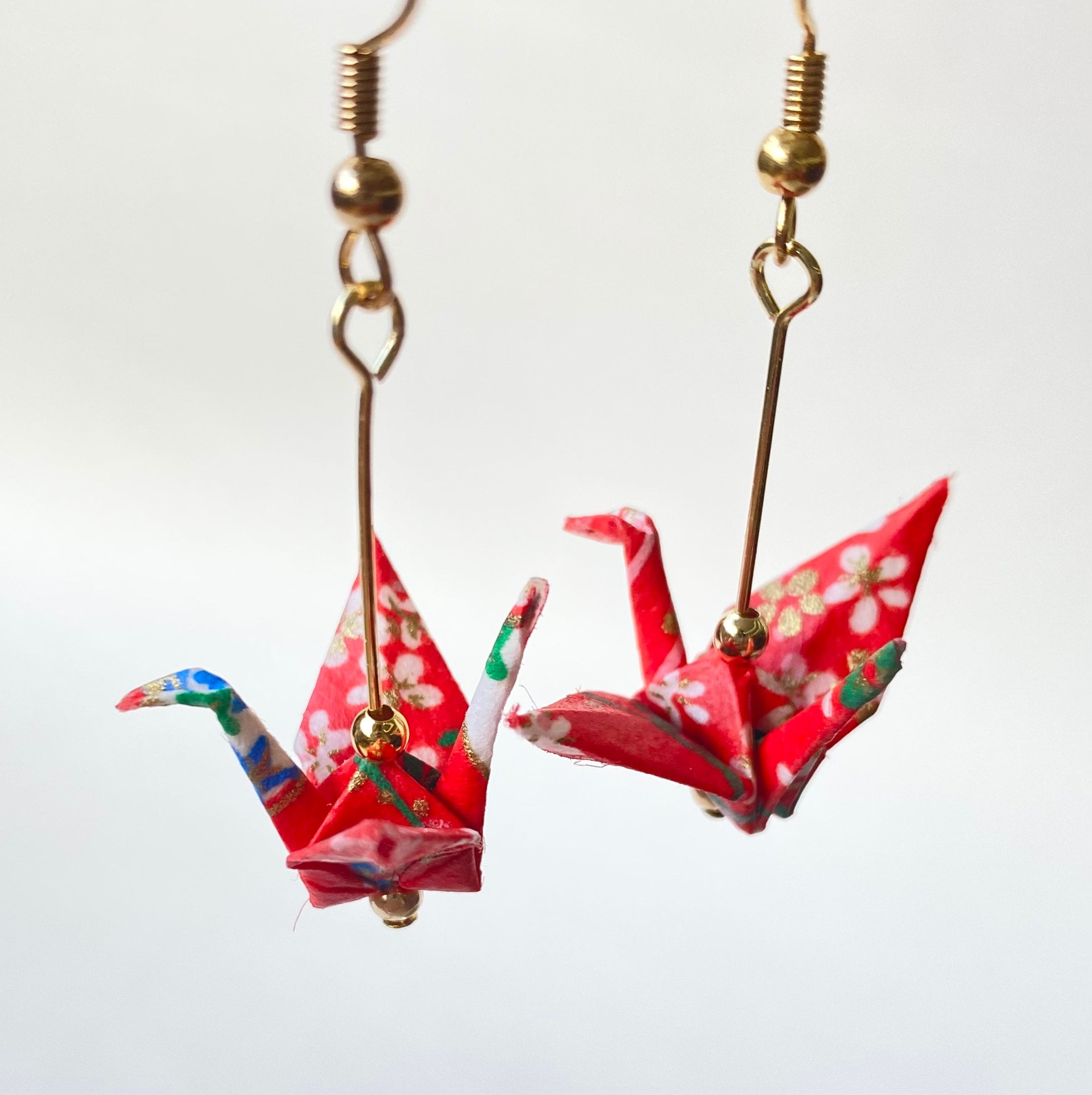 Origami Crane Earrings (red Fan), Yuzen Washi Paper, 18K Gold