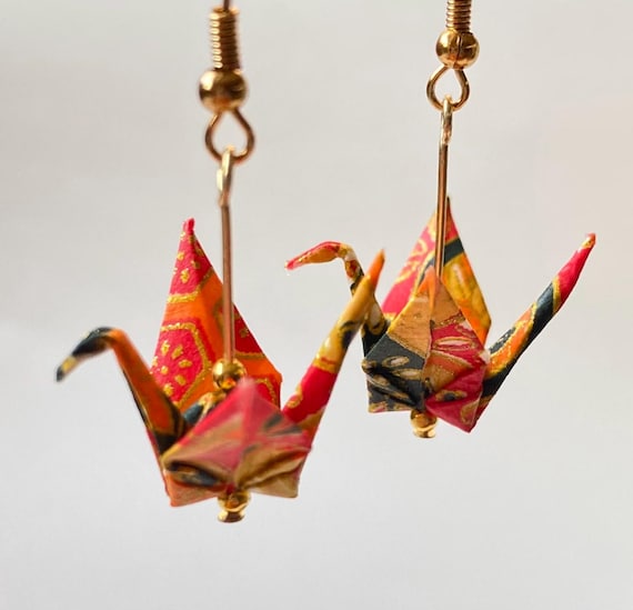 折り鶴ピアス（オレンジ）、天然和紙、18Kゴールドフック - Etsy 日本