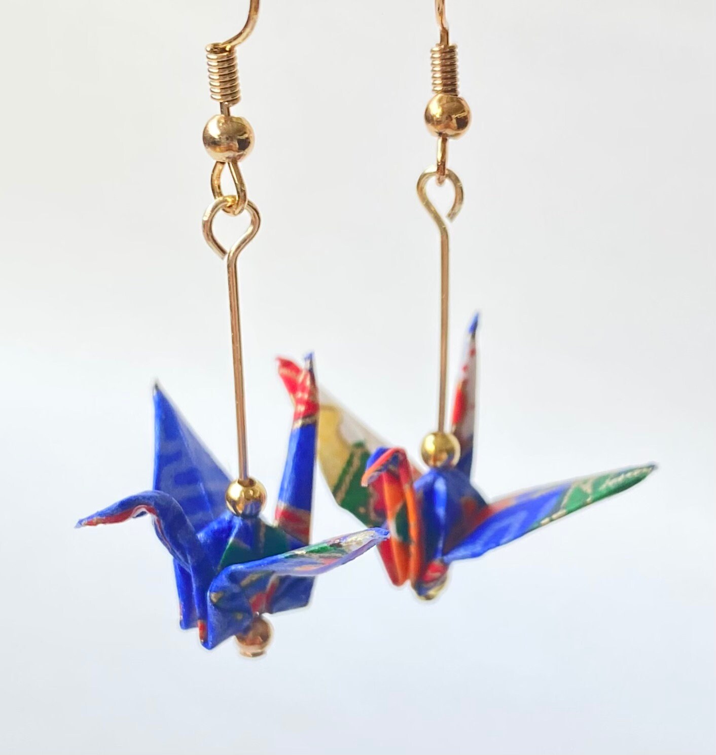 goen/ゴーエンOrigami earrings Origami Crane Earrings (bright Blue), Yuzen Washi Paper, 18K Gold