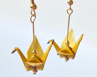 Origami Crane Earrings (Gold), High quality Japanese paper, Water resistant, 18K Gold, Paper jewelry, Handmade gift, Gifts for her