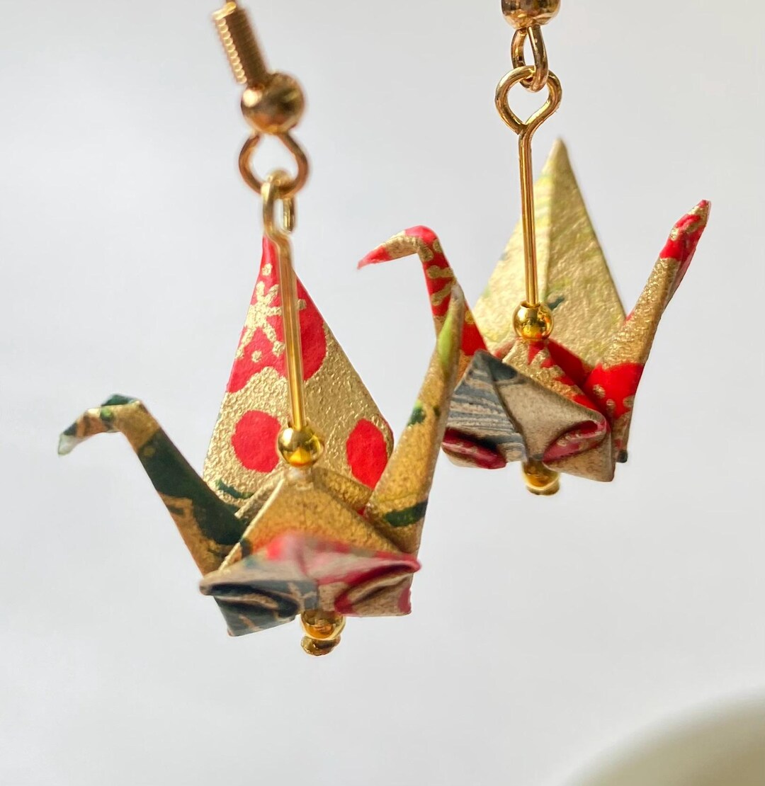 Origami Crane Earrings (gold), 18K Gold, Yuzen Washi Paper Jewelry