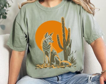 Desert Coyote Saguaro Comfort Colors T-Shirt, Wild West Graphic Tee, Nature Lover Apparel