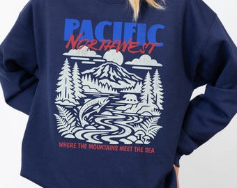 Pacific Northwest landscape sweatshirt | Oregon Washington mountain river trees