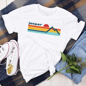Retro Jasper National Park Mountain Sunset Tee, Vintage Graphic T-Shirt, Unisex Casual Wear, Outdoor Adventure Shirt, Gift for Nature Lovers