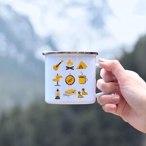 Camping Icons Enamel Mug, Outdoor Adventure Cup, Travel Coffee Tumbler, Campfire Drinkware, Hiking Tea Mug
