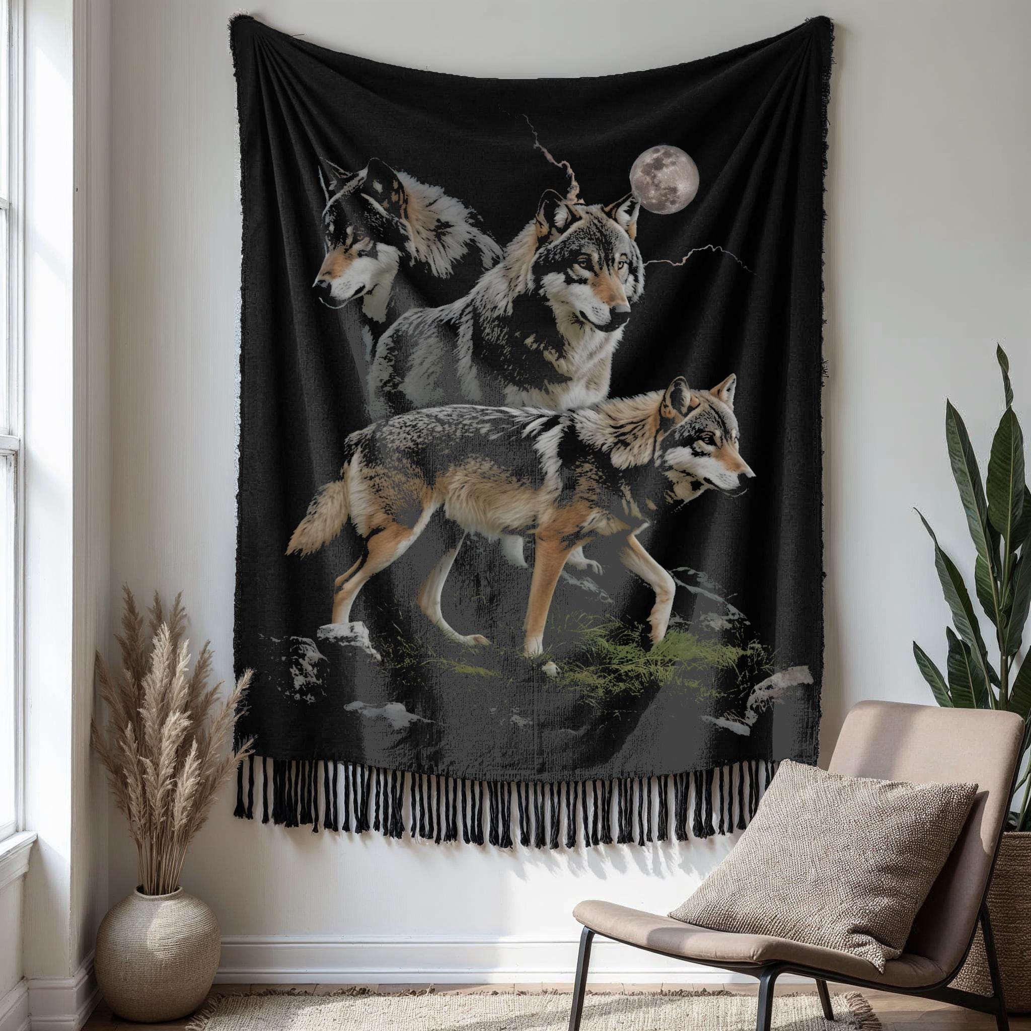 【中古】 Blankets FayWolf Vintage Wolf Pack 90s Woven Blanket, Retro Wildlife Nature Faded