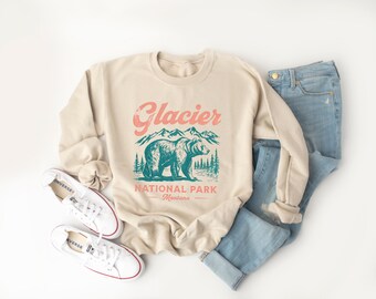 Glacier National Park Sweatshirt  Vintage-Style Cozy Pullover with Mountains, Wildlife, and Adventure Design Sweatshirt Unisex