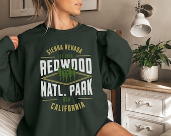 Sudadera vintage del Parque Nacional Redwood, unisex, cuello redondo, regalo acogedor para amantes de la naturaleza, ideal para acampar, viajar y como recuerdo de California.