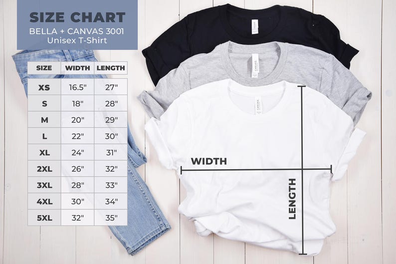 May include: Size chart for Bella + Canvas 3001 unisex t-shirts. The chart shows the width and length measurements in inches for sizes XS to 5XL.