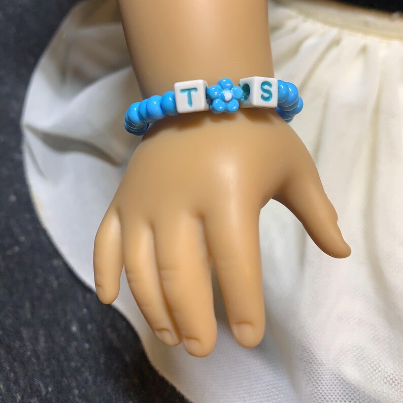 Swiftie Doll Friendship Bracelets for 18 inch dolls such as American Girl Dolls: Showgirl, T+S, Swiftie, Eras, TS <3 TK, TTPD | stretch cord BLUE T•S braces