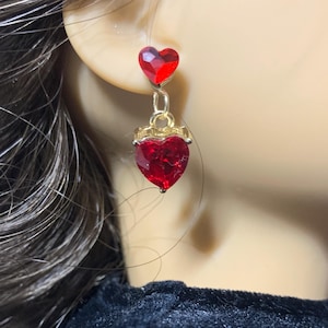 Heart Shape Earrings: Ruby Crystal Heart dangles with studs; Red or White Crystal or Pearl Studs — for 18 inch dolls (such as American Girl)