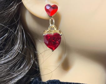 Heart Shape Earrings: Ruby Crystal Heart dangles with studs; Red or White Crystal or Pearl Studs — for 18 inch dolls (such as American Girl)