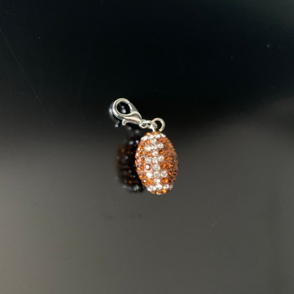 Trendy Football Charm made of polymer clay with  brown and clear crystal pave,   9mm steel lobster clasp — for bracelets, keychains etc.