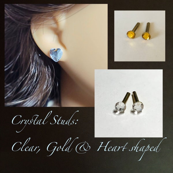 Heart Shape Studs or Crystal Stud Earrings for 18 inch Doll: American Girl Doll, Our Generation, My Life | for 2 mm drill pierced ears