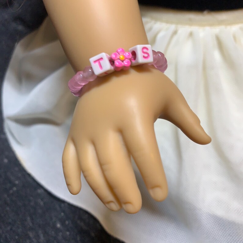 Swiftie Doll Friendship Bracelets for 18 inch dolls such as American Girl Dolls: Showgirl, T+S, Swiftie, Eras, TS <3 TK, TTPD | stretch cord PINK T•S bracelet