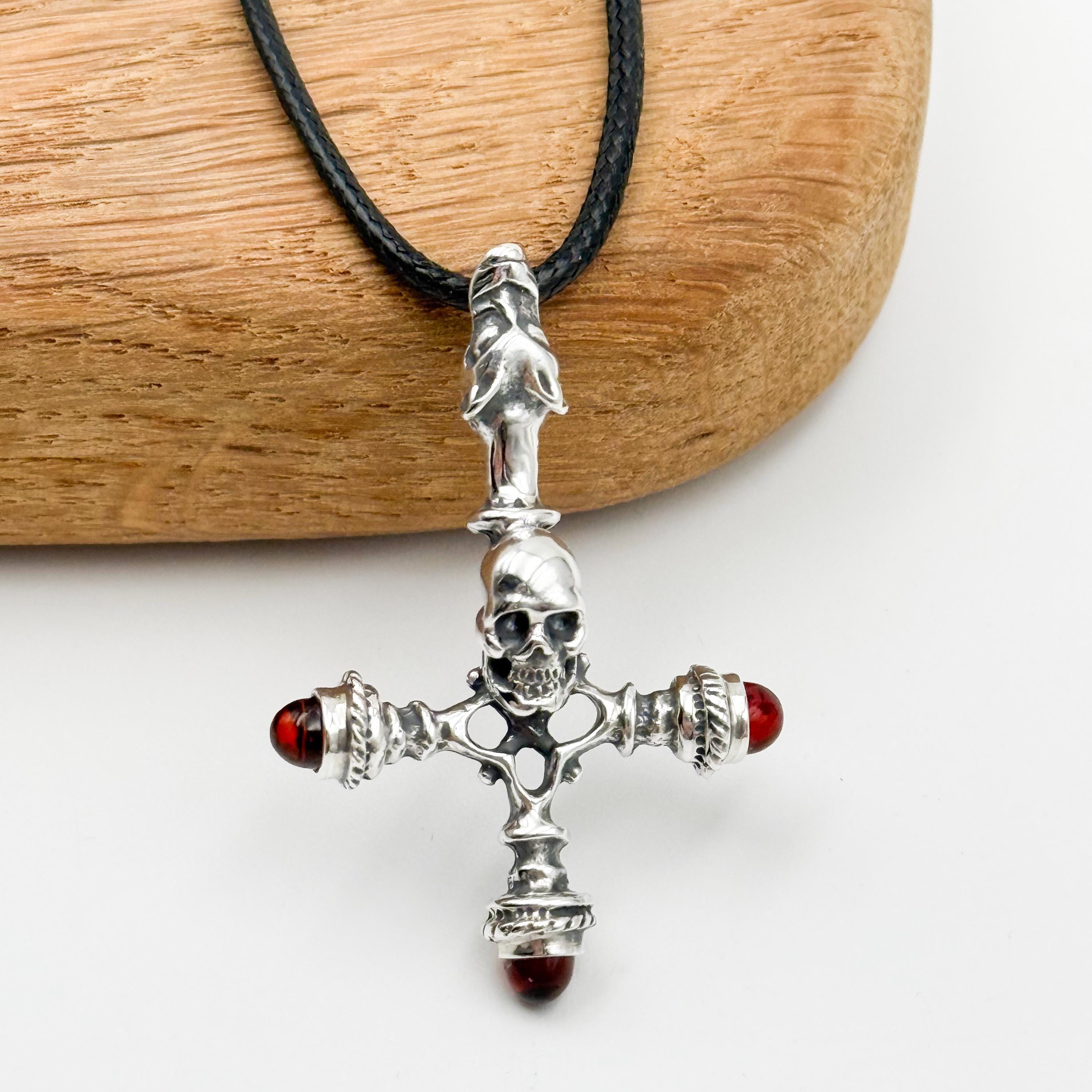 Wolf Skull Cross Pendant – 925 Sterling Silver Viking Necklace with Amber – Gothic Jewelry Gift for Him