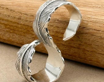 Sterling Silver Feather Ring: Adjustable Nature Jewelry